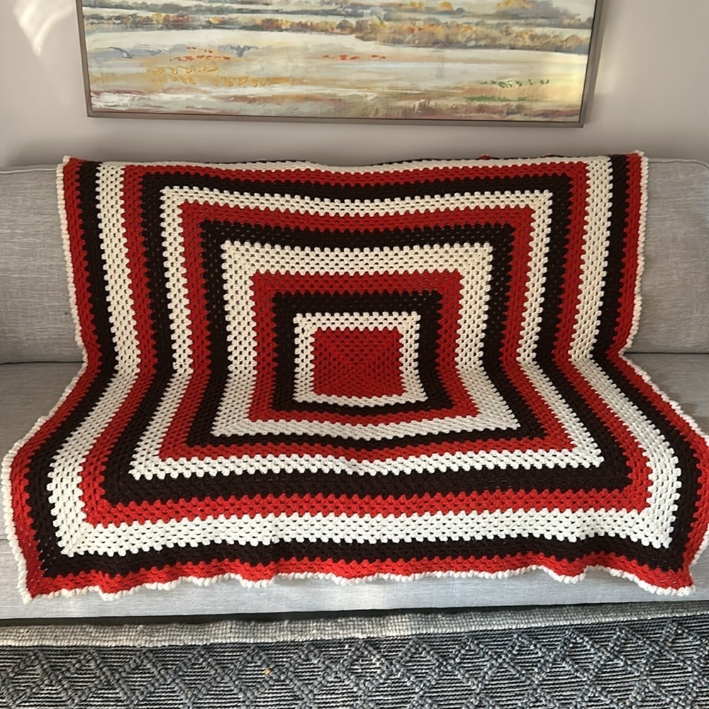 Handcrafted Retro Classic Orange and Brown Crochet Blanket Throw